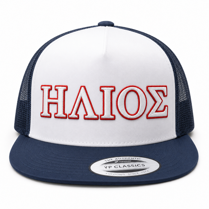 ⚪🔴 Ionic – Olympus Greek 3D Puff · White fill · Red outline · White/Navy Two-Tone Trucker | Hand Finished in Dubai | EmbroMania