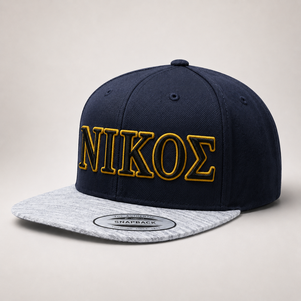 ⚫🟡 Midnight Oracle – Olympus Greek 3D Puff · Black fill · Gold outline · Navy Marble Snapback | Hand Finished in Dubai | EmbroMania