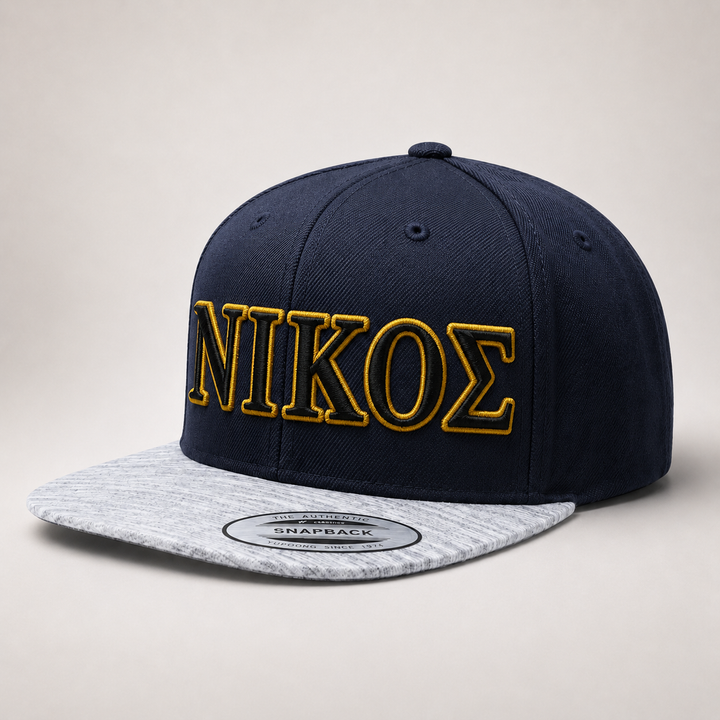 ⚫🟡 Midnight Oracle – Olympus Greek 3D Puff · Black fill · Gold outline · Navy Marble Snapback | Hand Finished in Dubai | EmbroMania