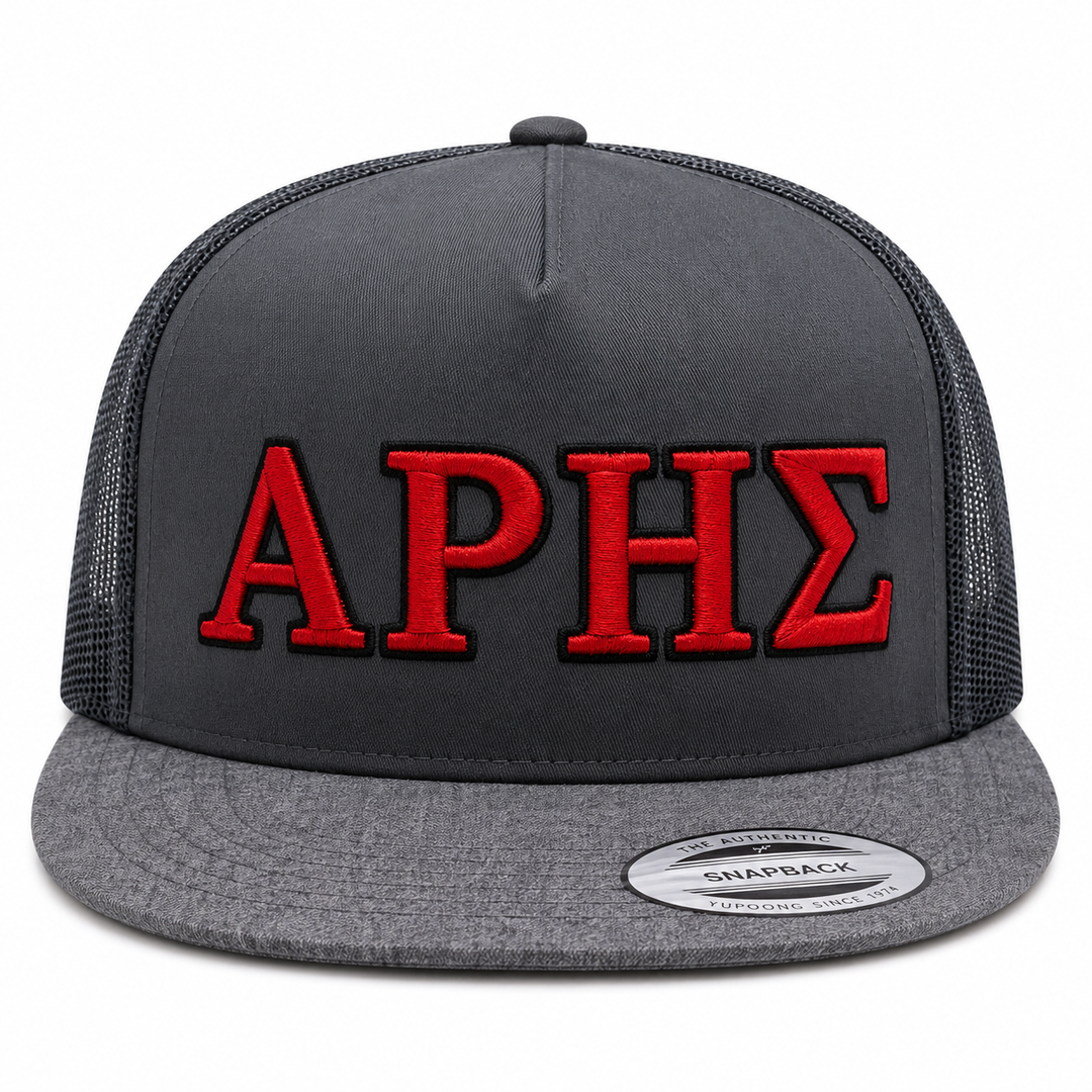🔴⚫ Spartan Blood – Olympus Greek 3D Puff · Red fill · Black outline · Charcoal Snapback | Hand Finished in Dubai | EmbroMania