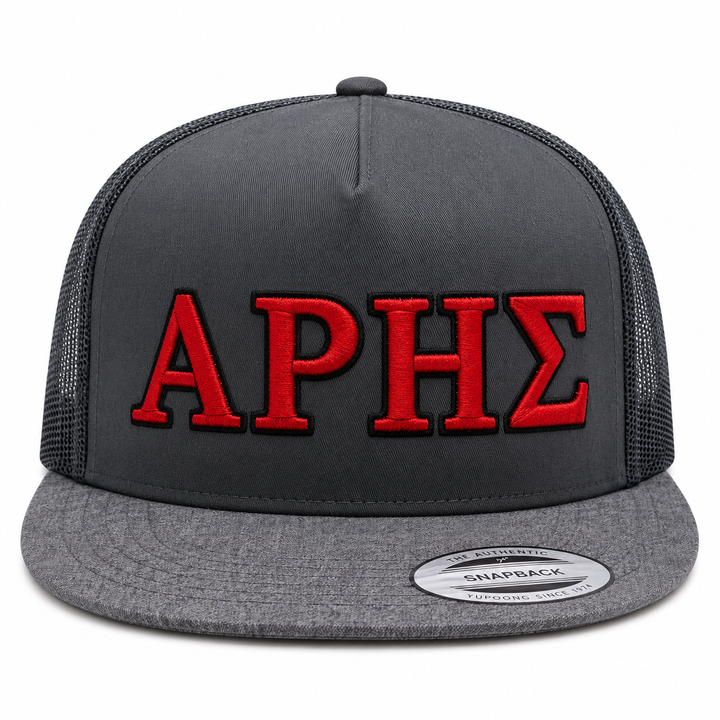 🔴⚫ Spartan Blood – Olympus Greek 3D Puff · Red fill · Black outline · Charcoal Snapback | Hand Finished in Dubai | EmbroMania