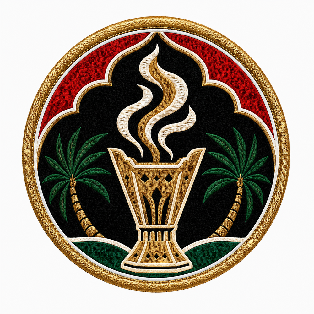 Palm Incense Majesty embroidery patch featuring a traditional incense burner with rising smoke framed by palm trees | Hand Finished in Dubai | EmbroMania