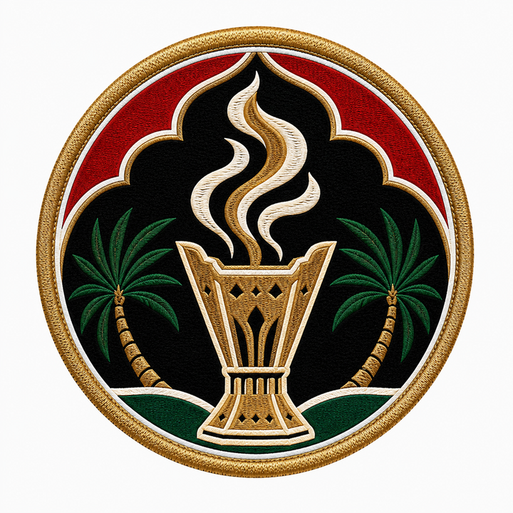 Palm Incense Majesty embroidery patch featuring a traditional incense burner with rising smoke framed by palm trees | Hand Finished in Dubai | EmbroMania