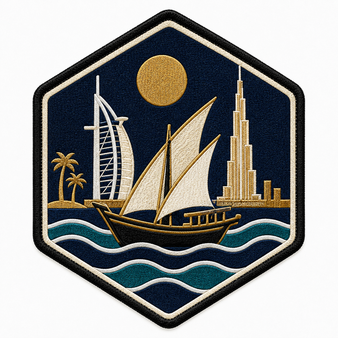 Pearl Dhow Voyage embroidery patch featuring a dhow sailboat crossing the water beneath the Dubai skyline on a hexagon crest | Hand Finished in Dubai | EmbroMania