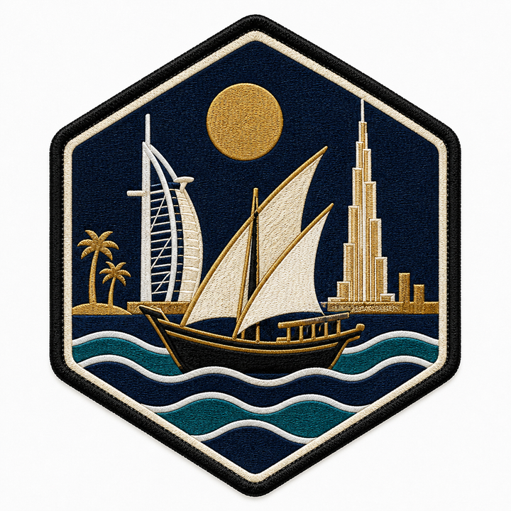 Pearl Dhow Voyage embroidery patch featuring a dhow sailboat crossing the water beneath the Dubai skyline on a hexagon crest | Hand Finished in Dubai | EmbroMania