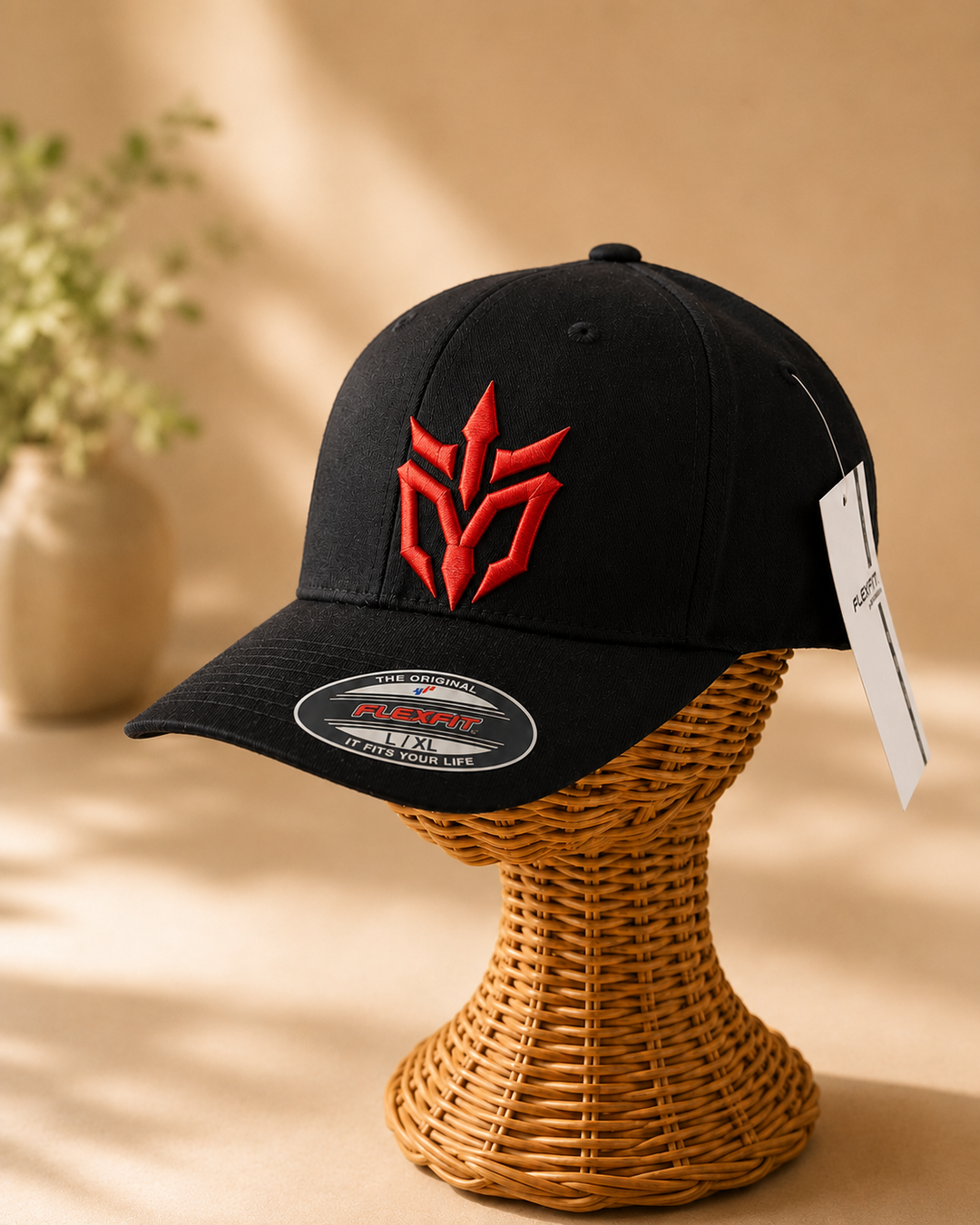 🔴🖤 Crimson Edge – Phantom Spire · Red puff · Black Solid Flexfit | Hand Finished in Dubai | EmbroMania