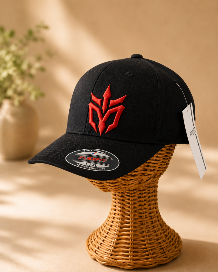 🔴🖤 Crimson Edge – Phantom Spire · Red puff · Black Solid Flexfit | Hand Finished in Dubai | EmbroMania