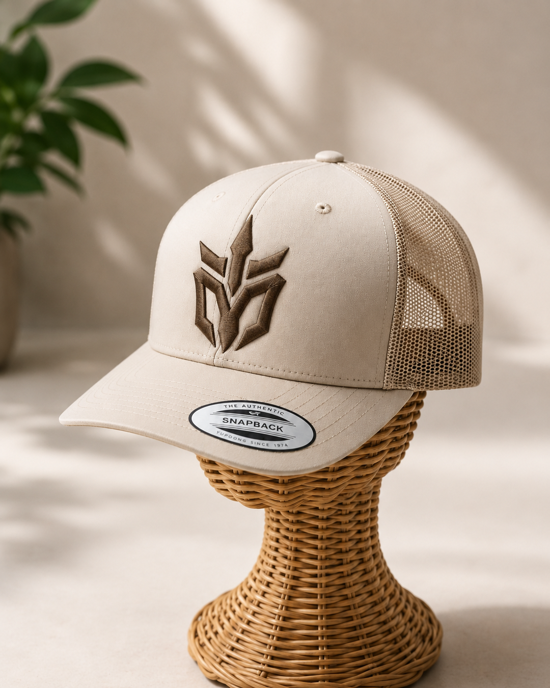 🟤🏜️ Desert Edge – Phantom Spire · Brown puff · Sand Beige Retro Trucker | Hand Finished in Dubai | EmbroMania