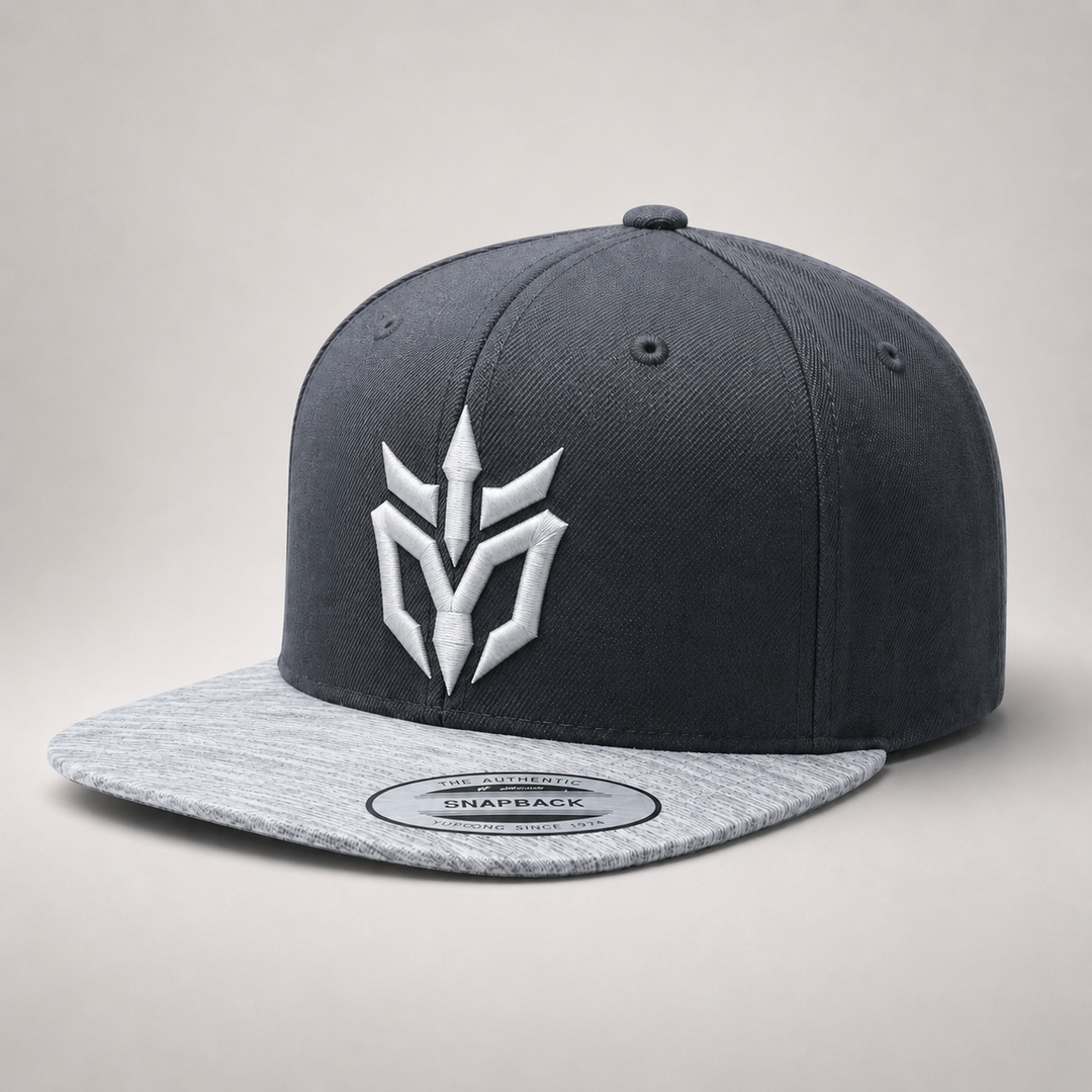 ❄️⚡ Frost Edge – Phantom Spire · White puff · Charcoal Heather Grey Snapback | Hand Finished in Dubai | EmbroMania