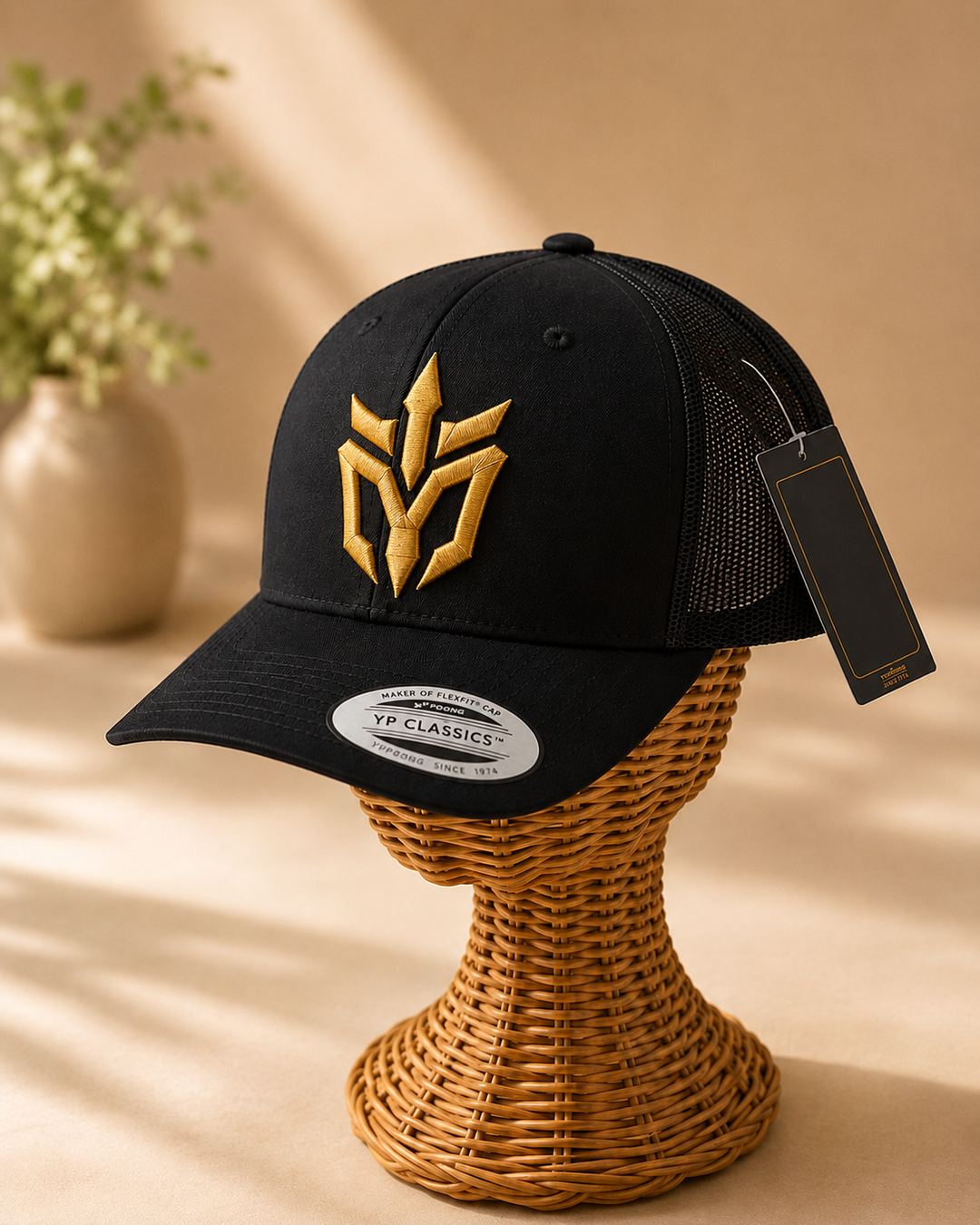 🥇👑 Golden Edge – Phantom Spire · Gold puff · Black Curved Trucker | Hand Finished in Dubai | EmbroMania