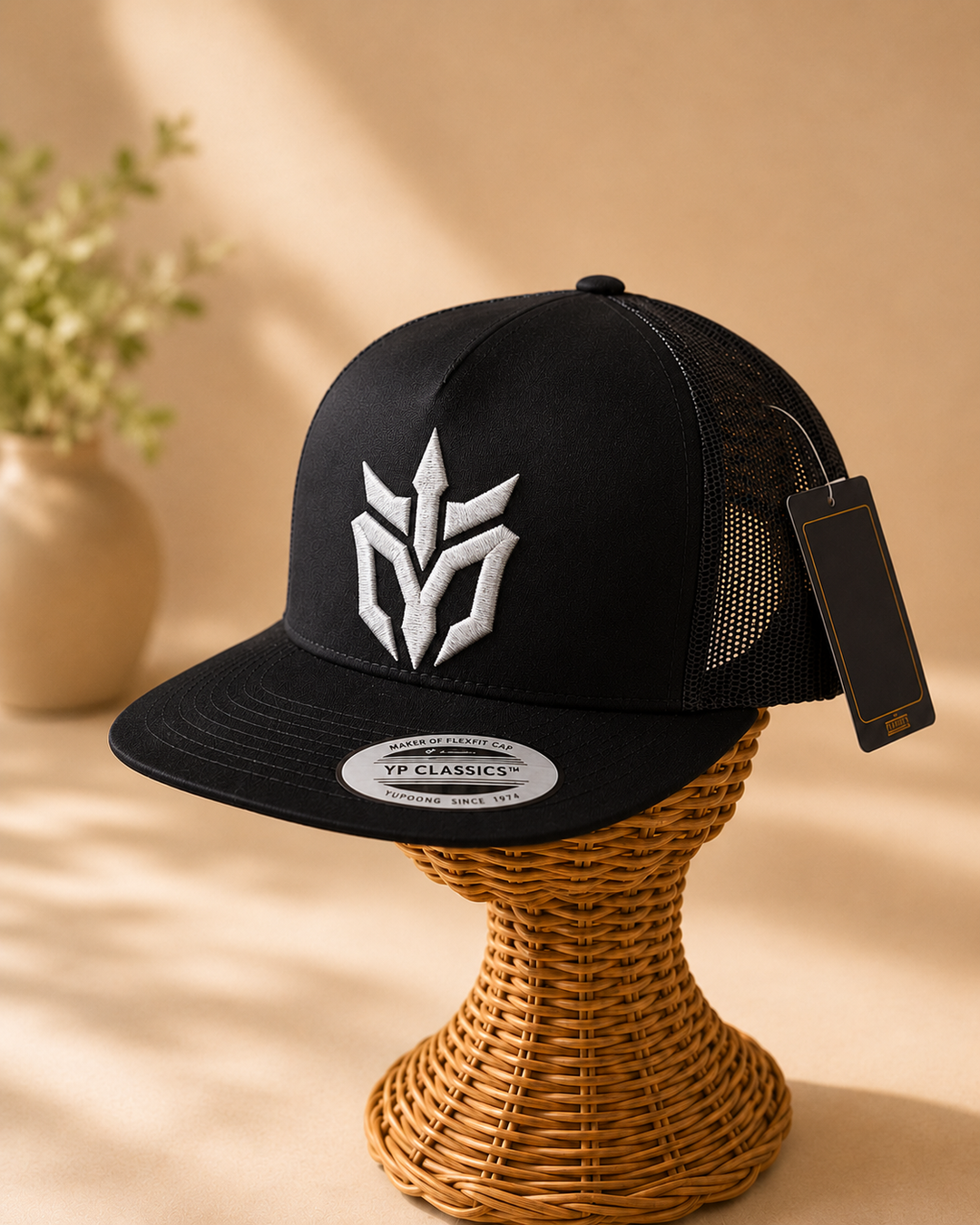🤍🔥 Ivory Edge – Phantom Spire · White puff · Black Flat Trucker | Hand Finished in Dubai | EmbroMania