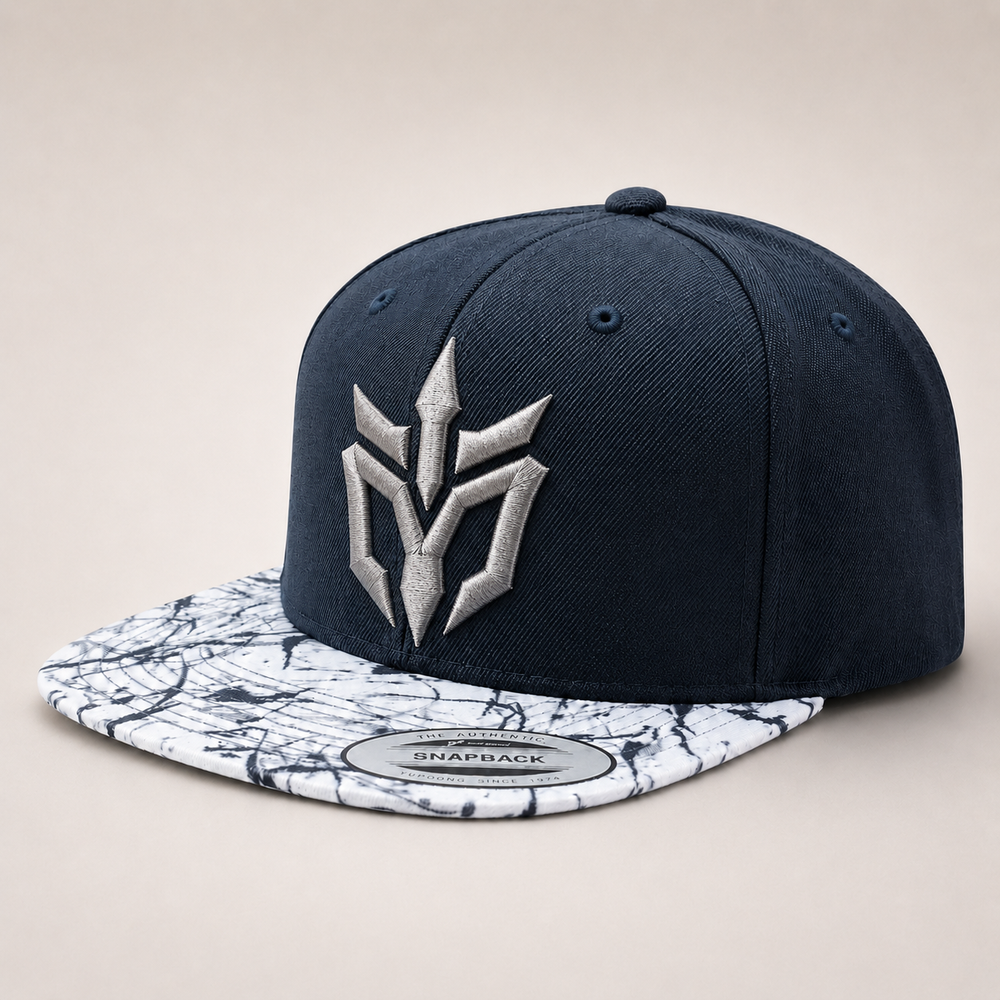 ⚔️🌌 Marble Edge – Phantom Spire · Silver puff · Navy Marble Brim Snapback | Hand Finished in Dubai | EmbroMania