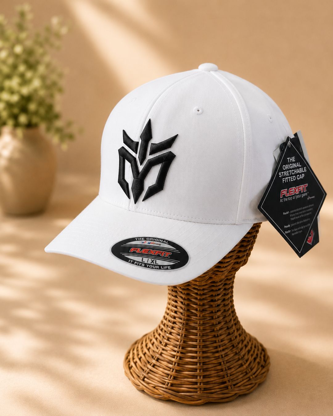 🖤⚡ Midnight Edge – Phantom Spire · Black puff · White Solid Flexfit | Hand Finished in Dubai | EmbroMania