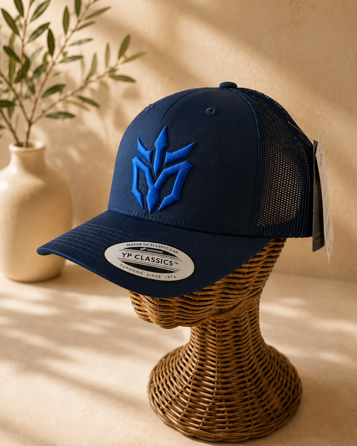 🔵⚔️ Sapphire Edge – Phantom Spire · Blue puff · Dark Navy Curved Trucker | Hand Finished in Dubai | EmbroMania