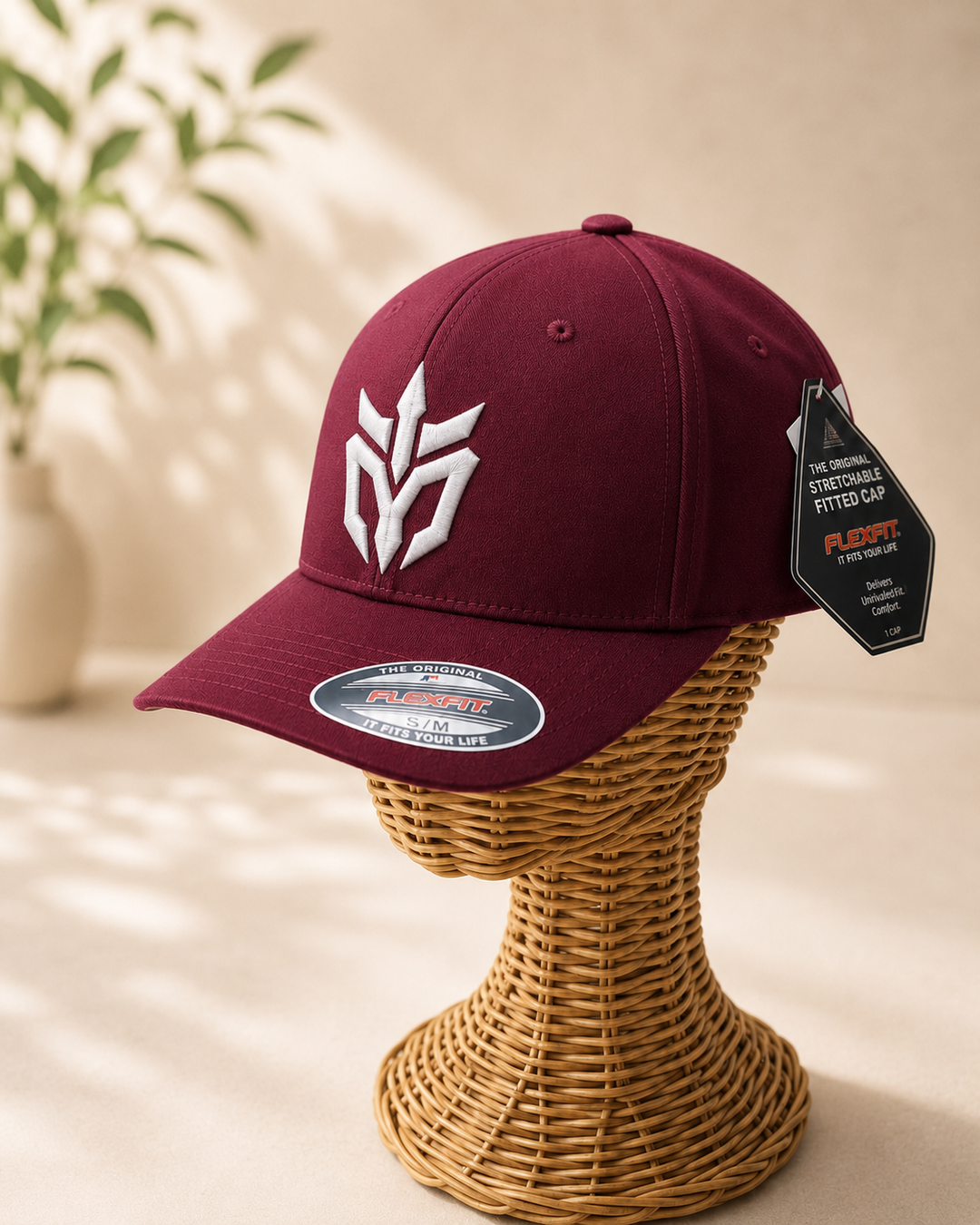 🤍🍷 Wine Edge – Phantom Spire · White puff · Burgundy Flexfit Curved | Hand Finished in Dubai | EmbroMania