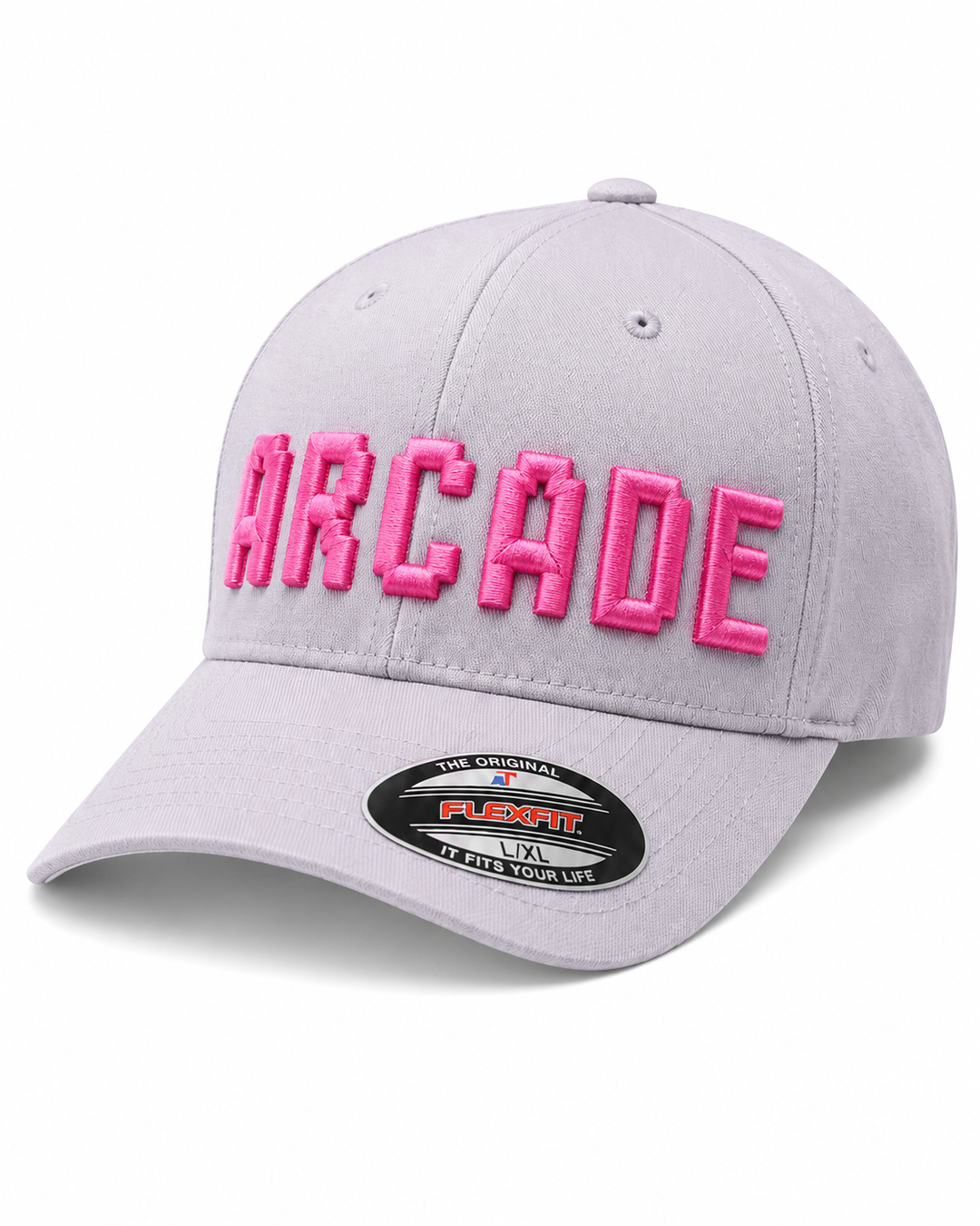 dream.png"PixelPop retro pixel-art 3D puff embroidery spelling ARCADE in Arcade Dream — gray cap with bright pink blocky pixel letters"