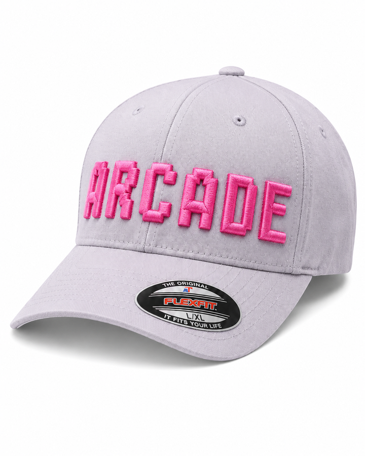 dream.png"PixelPop retro pixel-art 3D puff embroidery spelling ARCADE in Arcade Dream — gray cap with bright pink blocky pixel letters"