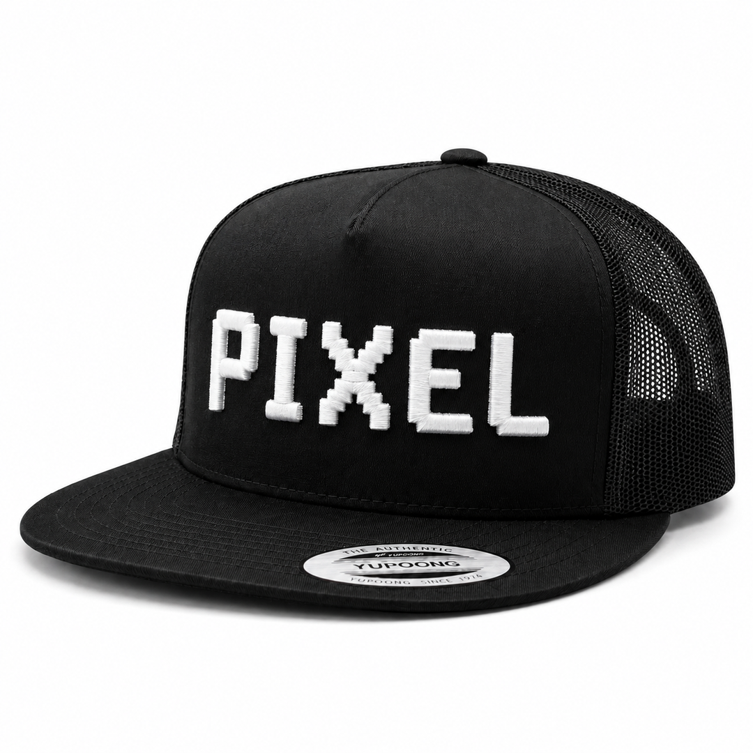 "PixelPop retro pixel-art 3D puff embroidery spelling PIXEL in Classic Pixel — black cap with white blocky pixel letters"