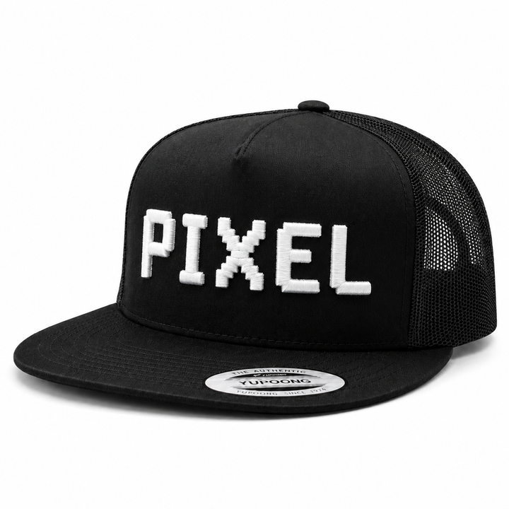 "PixelPop retro pixel-art 3D puff embroidery spelling PIXEL in Classic Pixel — black cap with white blocky pixel letters"