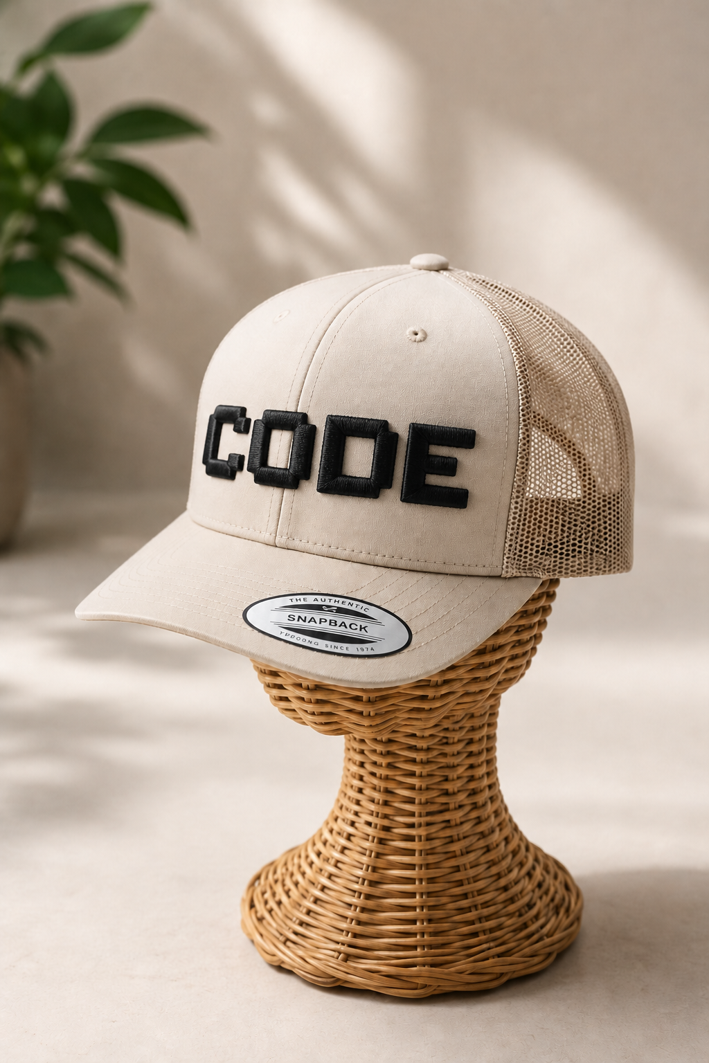 "PixelPop retro pixel-art 3D puff embroidery spelling CODE in Clean Code — white cap with black blocky pixel letters"