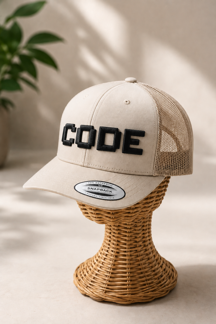 "PixelPop retro pixel-art 3D puff embroidery spelling CODE in Clean Code — white cap with black blocky pixel letters"