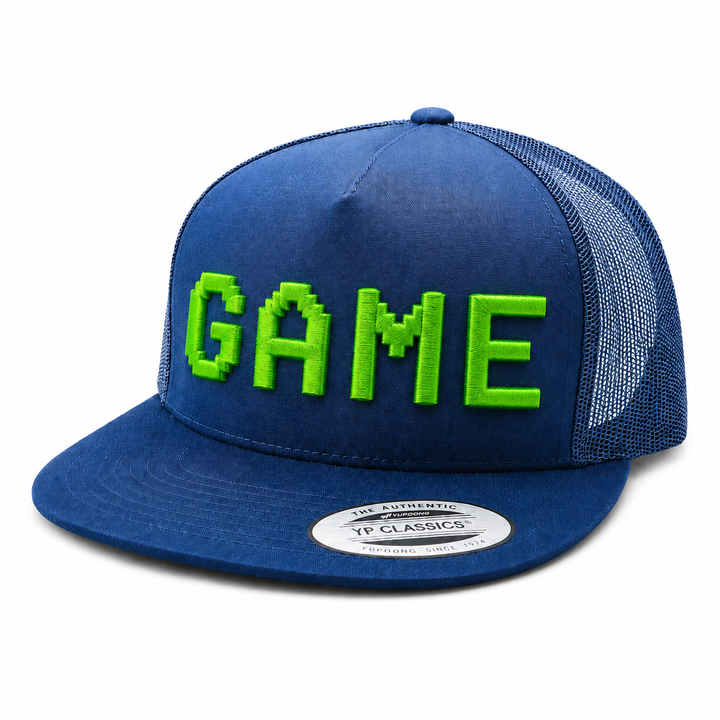 "PixelPop retro pixel-art 3D puff embroidery spelling GAME in Game Mode — black cap with bright neon green blocky pixel letters"