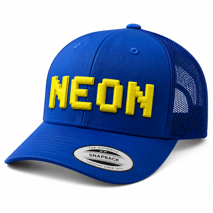 "PixelPop retro pixel-art 3D puff embroidery spelling NEON in Neon Glow — navy cap with bright yellow blocky pixel letters"
