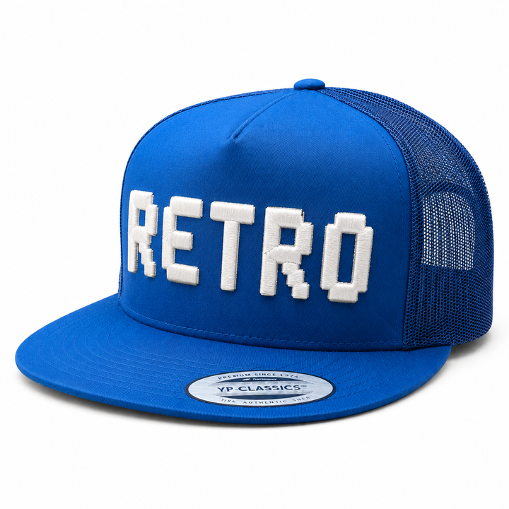 "PixelPop retro pixel-art 3D puff embroidery spelling RETRO in Retro Wave — blue cap with white blocky pixel letters"