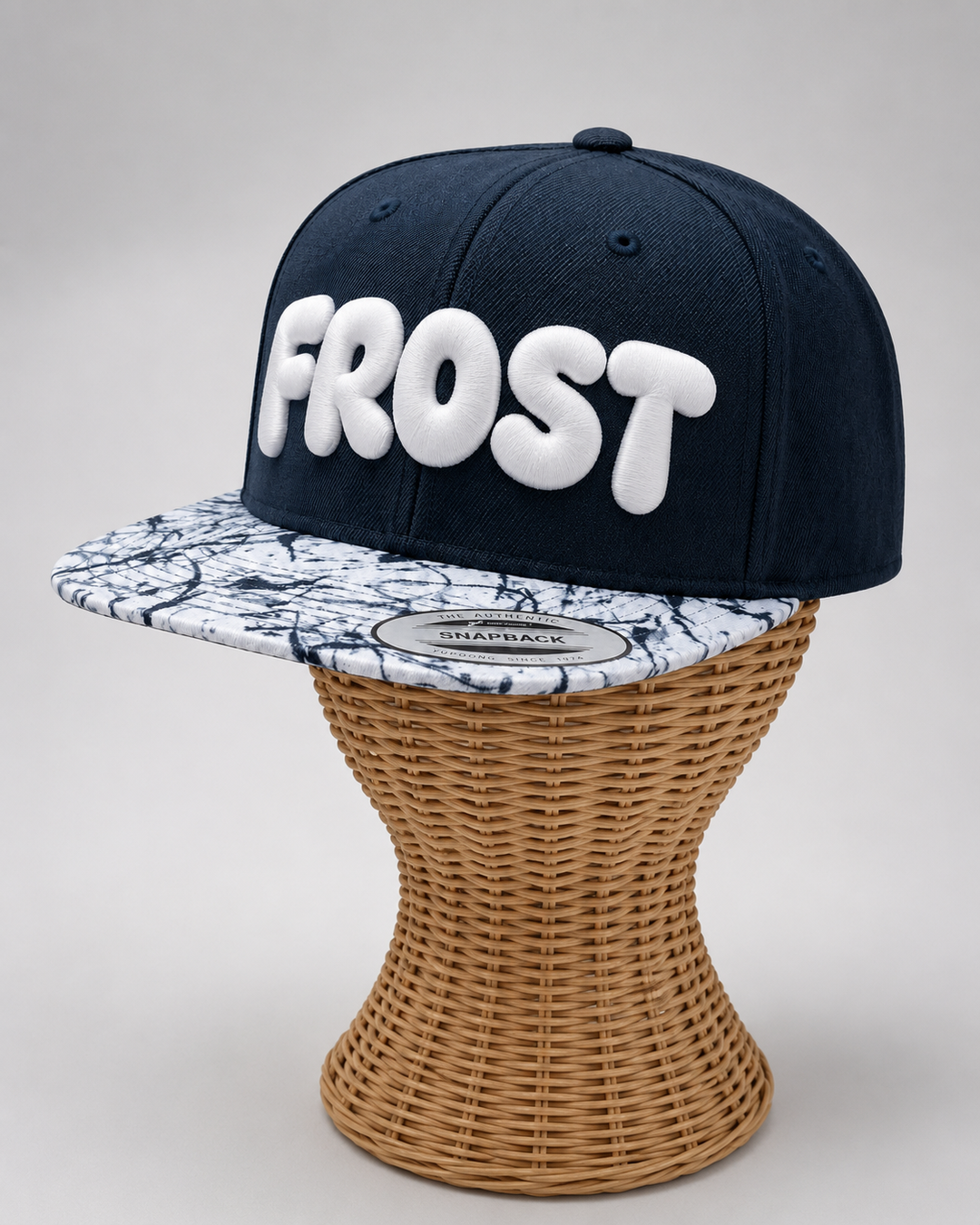 Arctic Pop – PlayPop 3D Puff · Bright white bubble letters · Navy crown marble brim snapback | Hand Finished in Dubai | EmbroMania