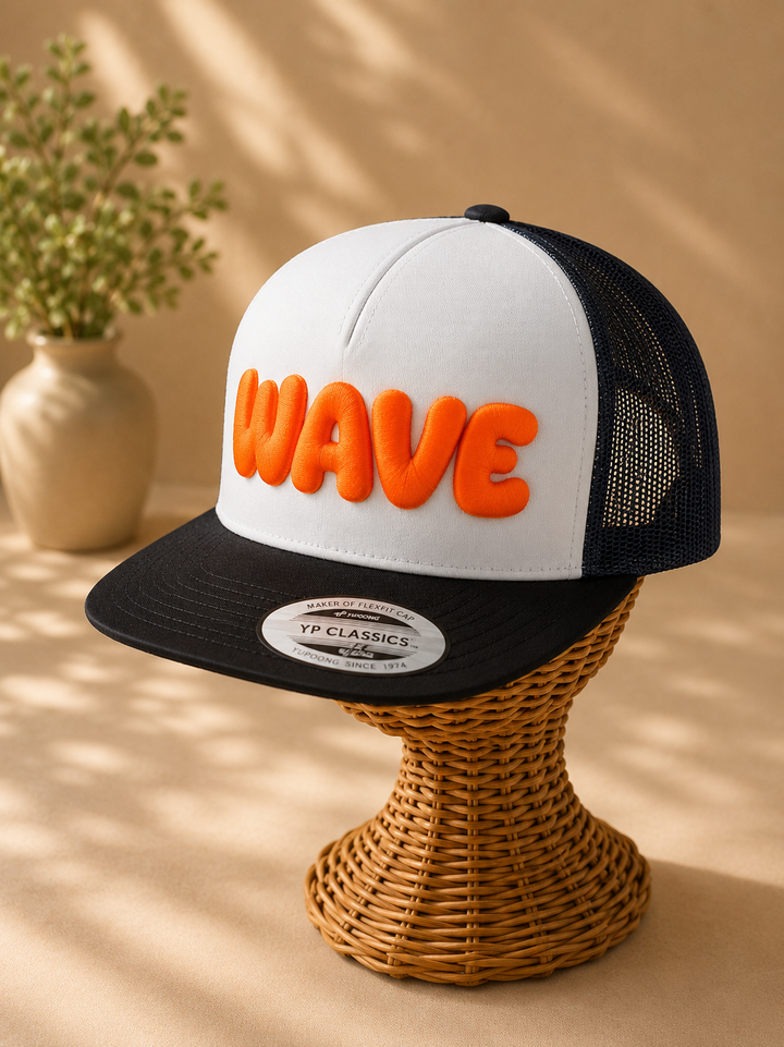 Beach Day – PlayPop 3D Puff · Neon orange bubble letters · Black &amp; white flat trucker | Hand Finished in Dubai | EmbroMania