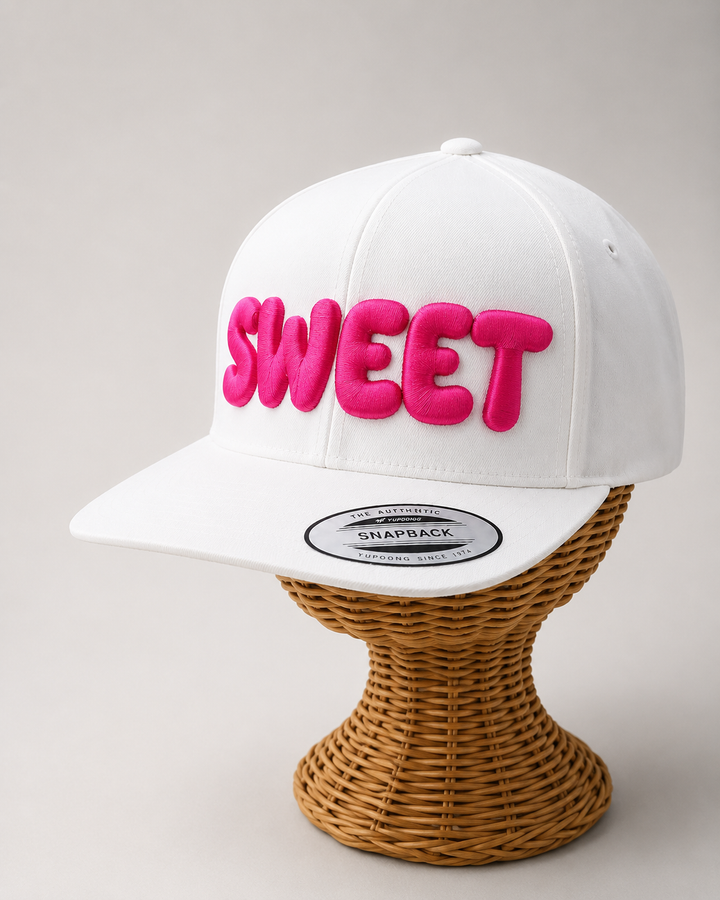Candy Drop – PlayPop 3D Puff · Hot pink bubble letters · All white structured snapback | Hand Finished in Dubai | EmbroMania