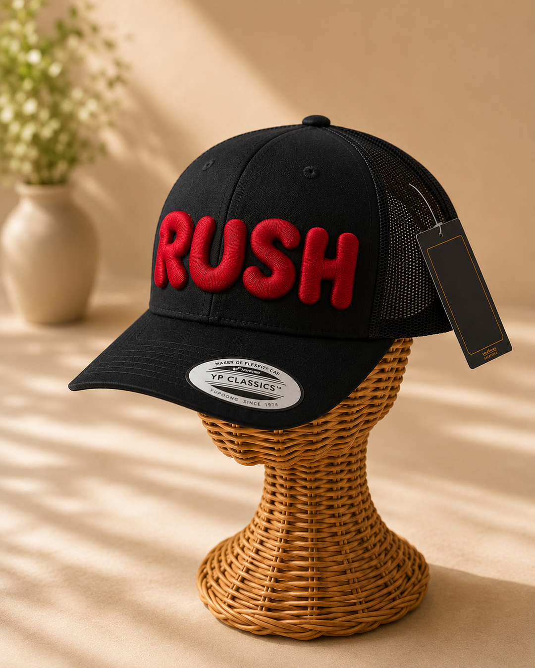 Cherry Pop – PlayPop 3D Puff · Cherry red bubble letters · Black curved trucker | Hand Finished in Dubai | EmbroMania