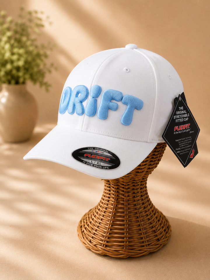 Cotton Cloud – PlayPop 3D Puff · Sky blue bubble letters · White Flexfit fitted | Hand Finished in Dubai | EmbroMania