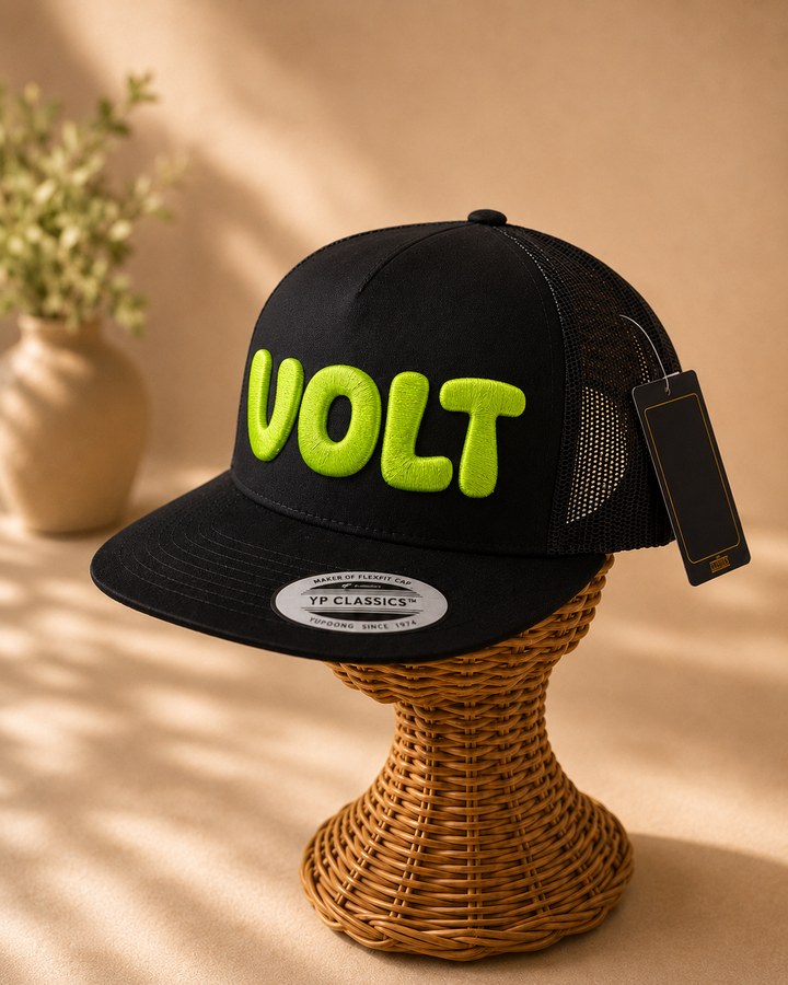 Electric Lime – PlayPop 3D Puff · Neon lime bubble letters · Black flat trucker | Hand Finished in Dubai | EmbroMania