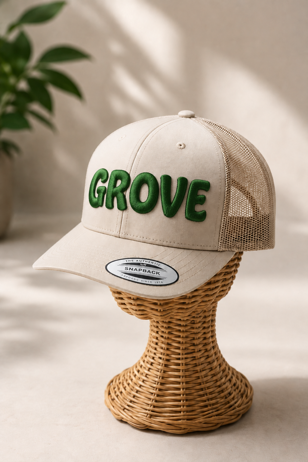 Jungle Pop – PlayPop 3D Puff · Forest green bubble letters · Sand beige retro trucker | Hand Finished in Dubai | EmbroMania