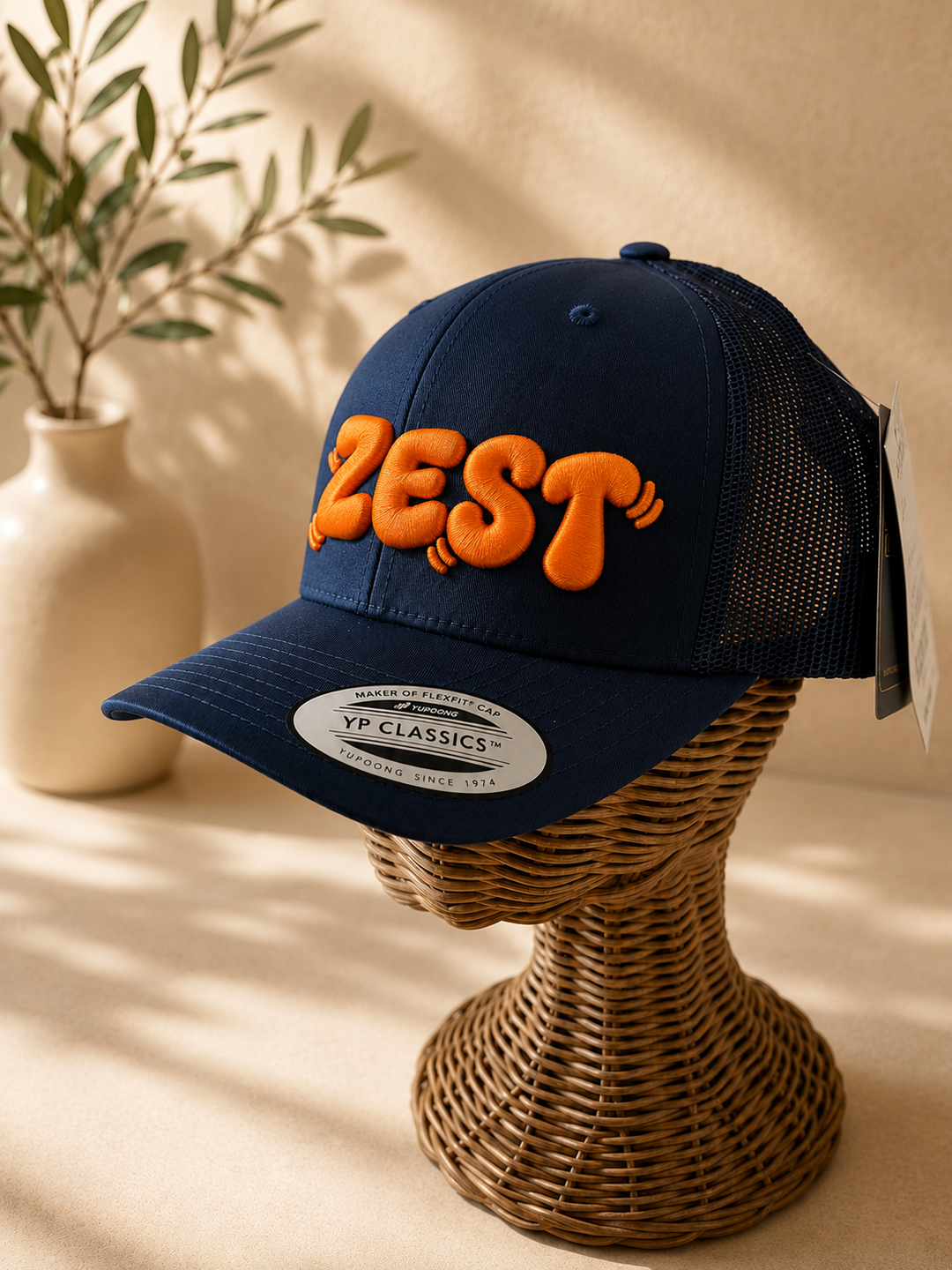 Tangerine – PlayPop 3D Puff · Bright orange bubble letters · Dark navy curved trucker | Hand Finished in Dubai | EmbroMania