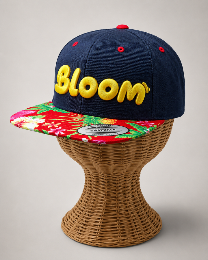 Tropicana – PlayPop 3D Puff · Sunshine yellow bubble letters · Navy crown tropical floral brim snapback | Hand Finished in Dubai | EmbroMania