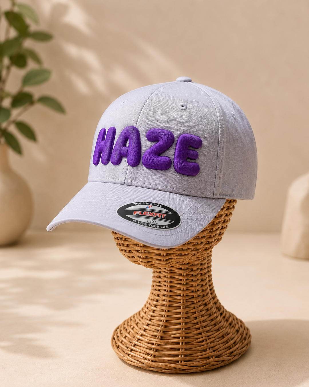 Violet Pop – PlayPop 3D Puff · Deep violet bubble letters · Light grey Flexfit fitted | Hand Finished in Dubai | EmbroMania