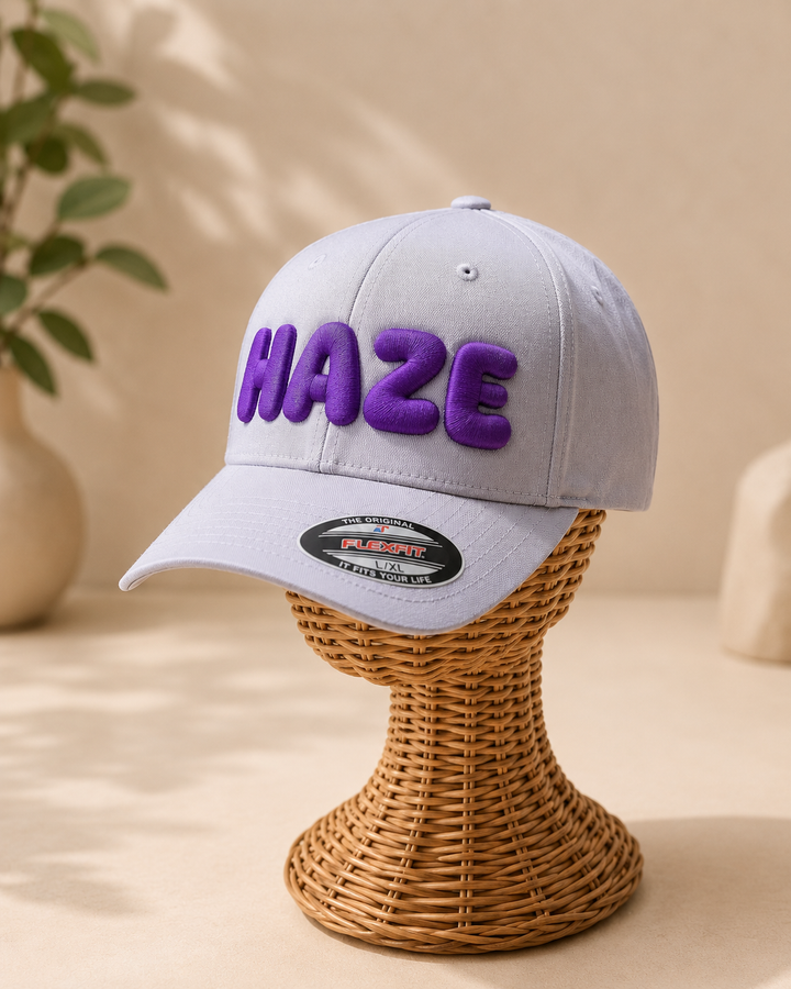 Violet Pop – PlayPop 3D Puff · Deep violet bubble letters · Light grey Flexfit fitted | Hand Finished in Dubai | EmbroMania