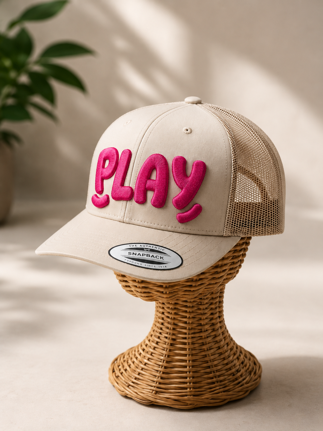 PlayPop rounded bubble-letter embroidery in Bubblegum Blush — lavender cap with hot pink 3D puff