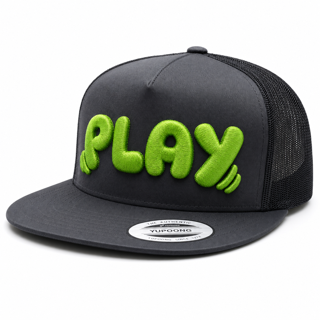 PlayPop rounded bubble-letter embroidery in Electric Pop — charcoal cap with neon green 3D puff