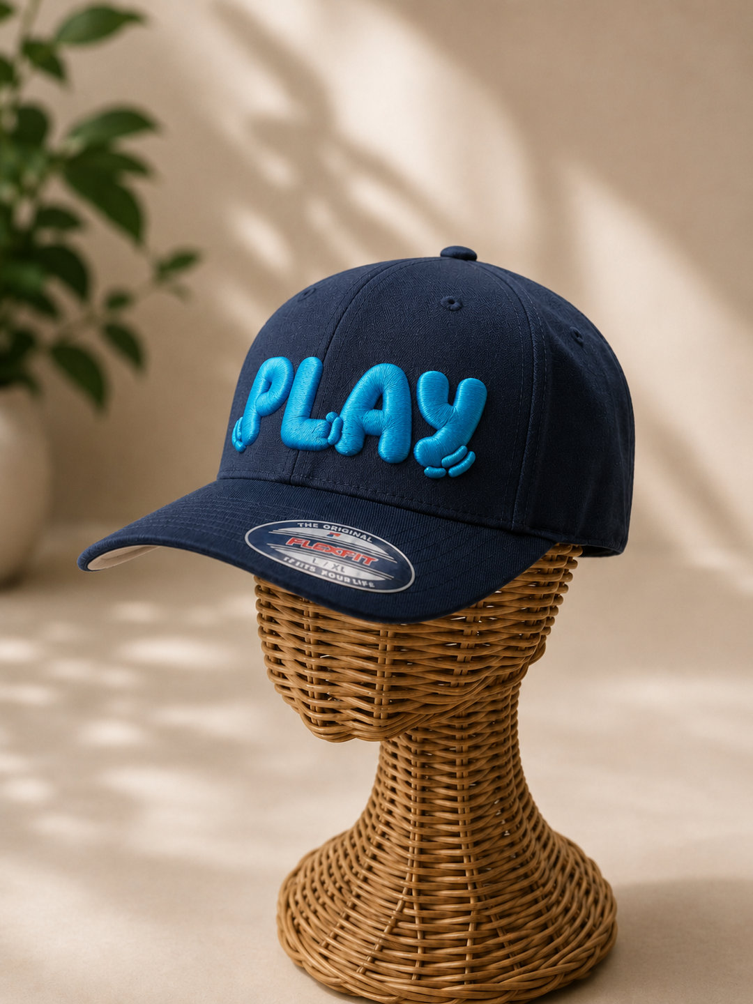 PlayPop rounded bubble-letter embroidery in Ocean Chill — navy cap with cyan blue 3D puff