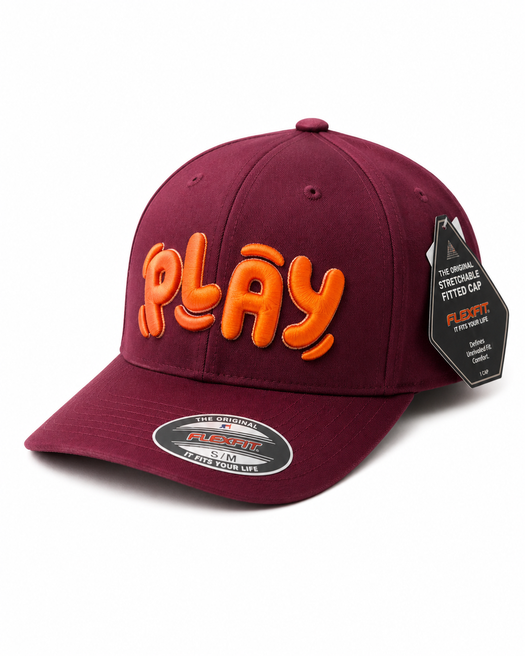PlayPop rounded bubble-letter embroidery in Sunset Glow — burgundy cap with bright orange 3D puff