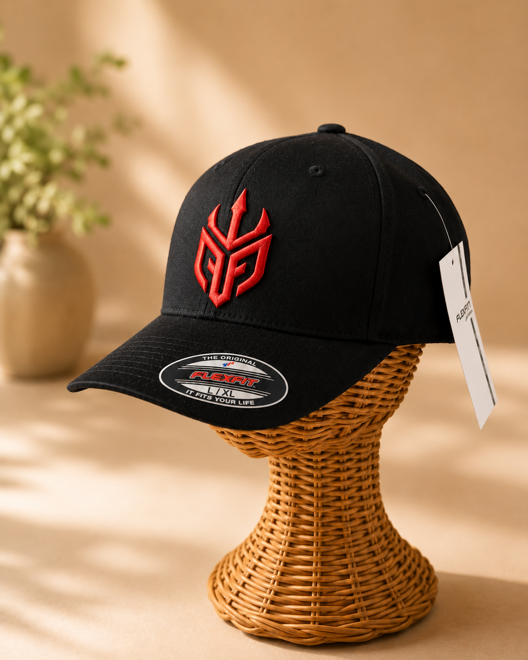 🔴🖤 Crimson Tide – Poseidon Ward · Red puff · Black Solid Flexfit | Hand Finished in Dubai | EmbroMania