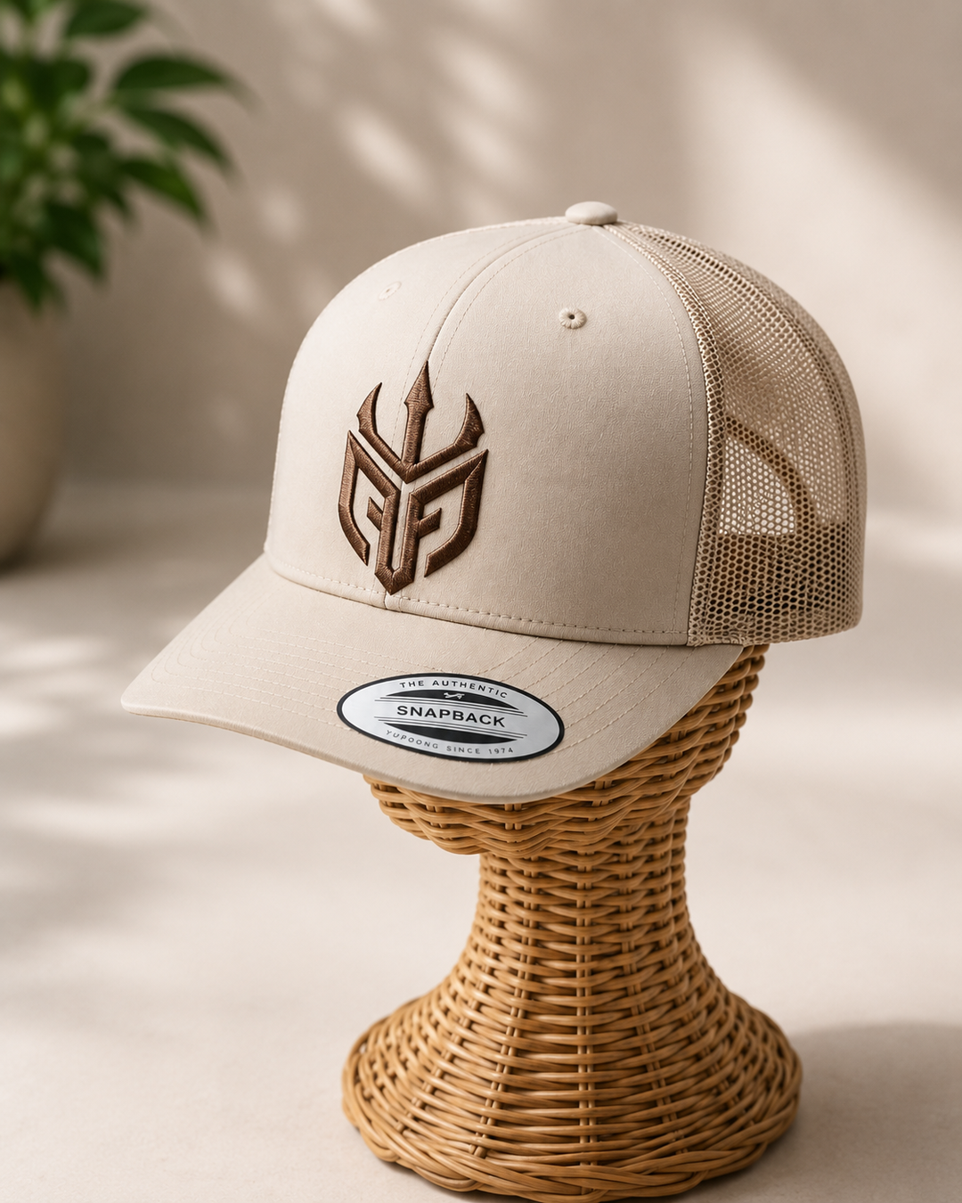 🟤🏜️ Desert Tide – Poseidon Ward · Brown puff · Sand Beige Retro Trucker | Hand Finished in Dubai | EmbroMania
