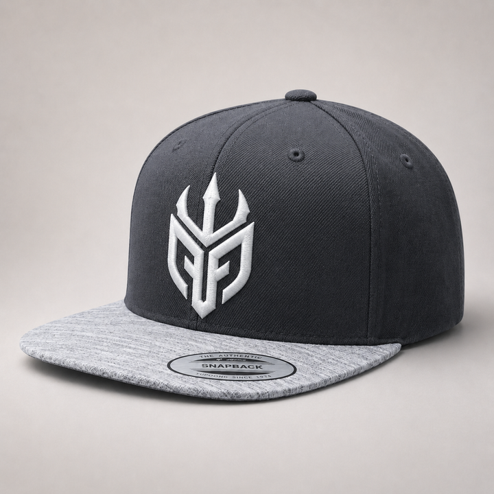 ❄️⚡ Frost Tide – Poseidon Ward · White puff · Charcoal Heather Grey Snapback | Hand Finished in Dubai | EmbroMania