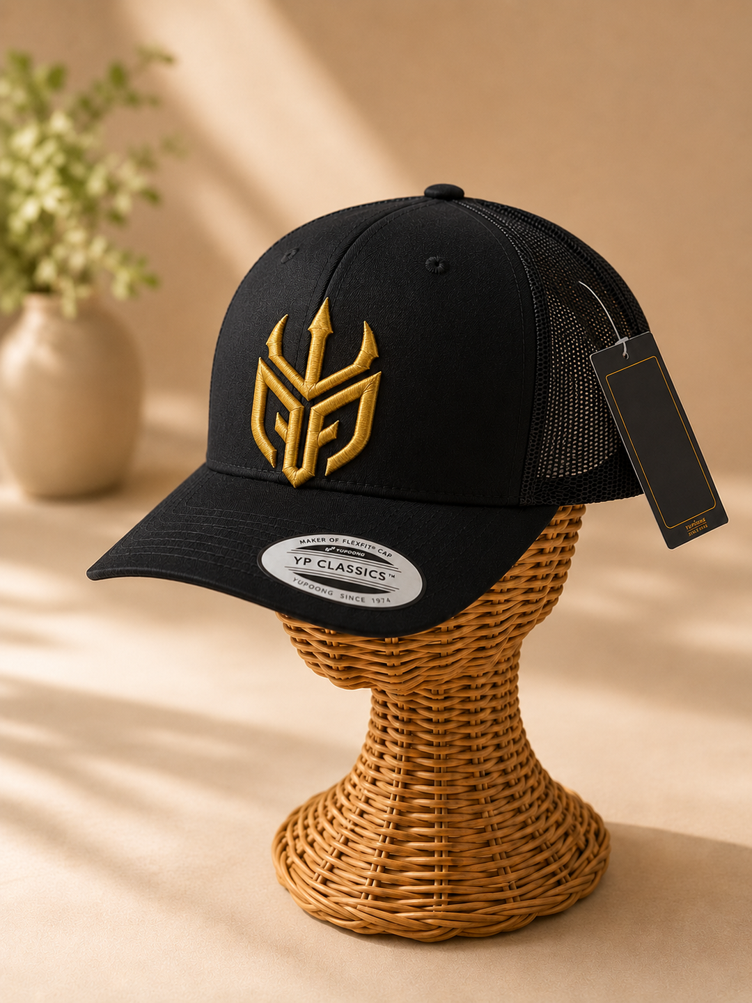 🥇👑 Golden Tide – Poseidon Ward · Gold puff · Black Curved Trucker | Hand Finished in Dubai | EmbroMania