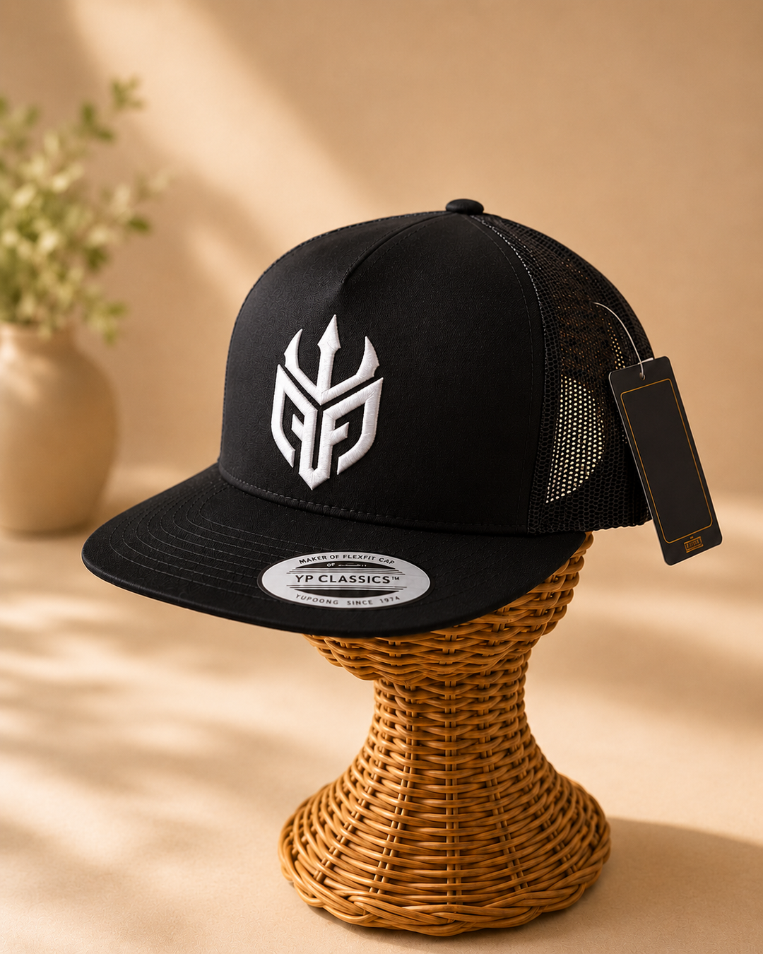 🤍🔥 Ivory Tide – Poseidon Ward · White puff · Black Flat Trucker | Hand Finished in Dubai | EmbroMania