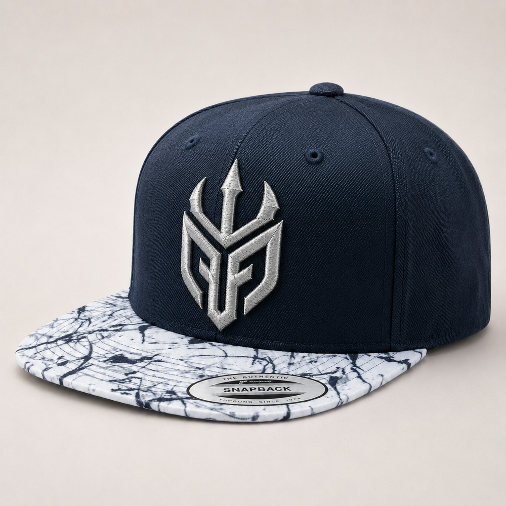 ⚔️🌌 Marble Tide – Poseidon Ward · Silver puff · Navy Marble Brim Snapback | Hand Finished in Dubai | EmbroMania