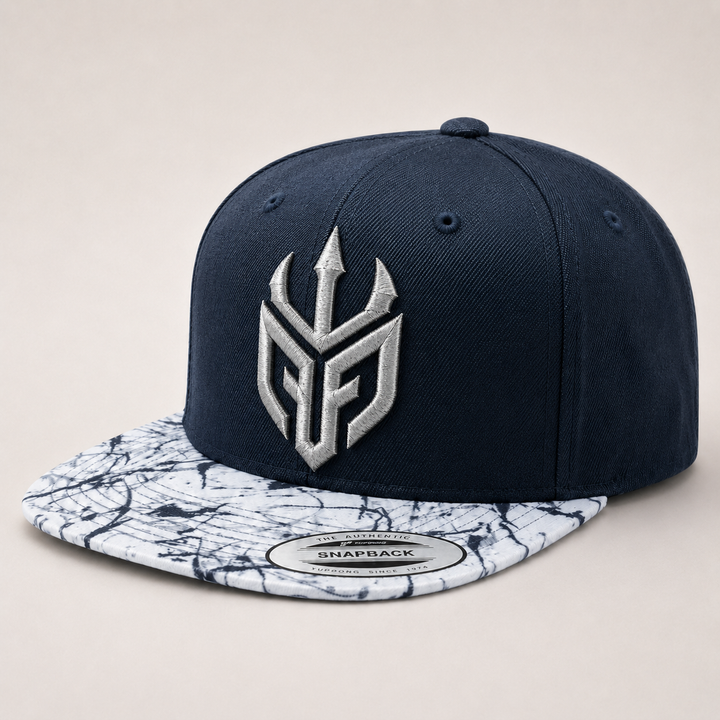 ⚔️🌌 Marble Tide – Poseidon Ward · Silver puff · Navy Marble Brim Snapback | Hand Finished in Dubai | EmbroMania